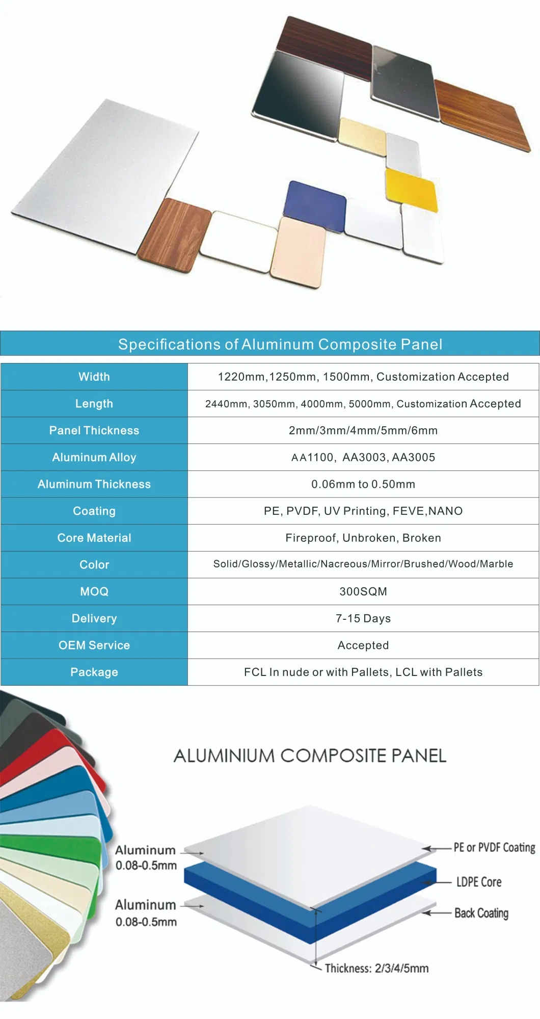 PE Colored Aluminum Composite Panel ACP Acm Cladding Panel for Distributors Importers China Factory 1220*2440*4mm 0.3alu Broken Core Solid Color Metallic Color